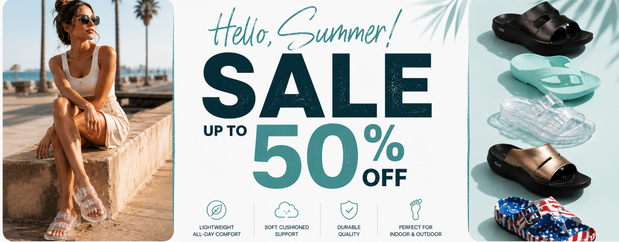 Summer sale advertisement with woman sitting by a beach and sandals displayed on the right.